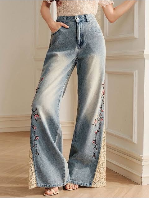 Light Blue Floral Embroidered Wide-Leg Jeans With Lace Panels